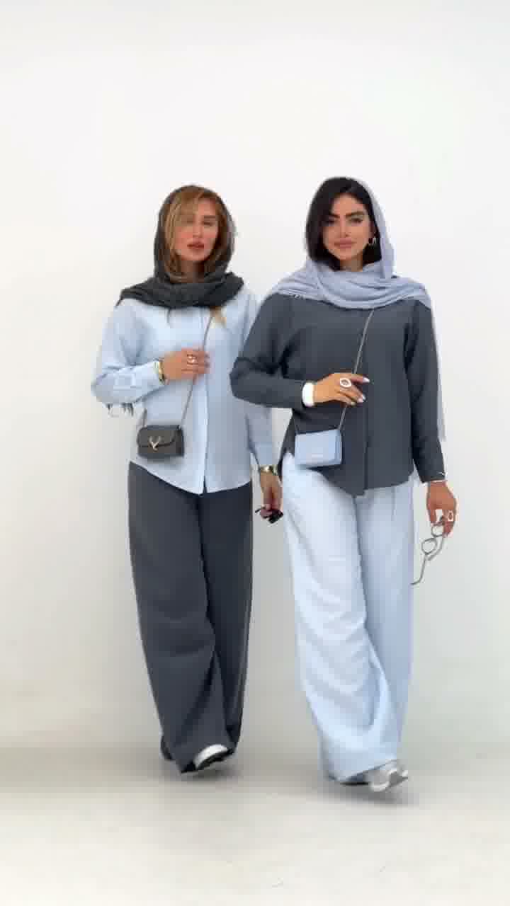 طقم نسائي أنيق من قطعتين – قميص واسع بأكمام طويلة مع بنطال فضفاض | إطلالة محتشمة وعصرية